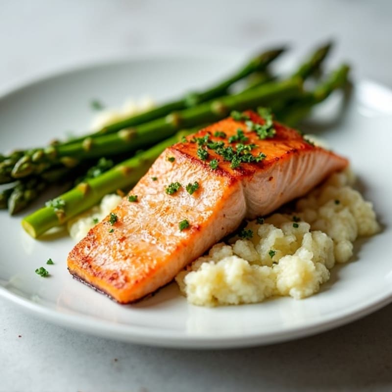 Seared Salmon with Steamed Asparagus and Garlic Cauliflower Mash