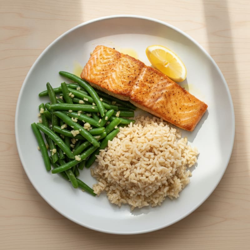 Seared Salmon with Garlic Green Beans and Brown Rice