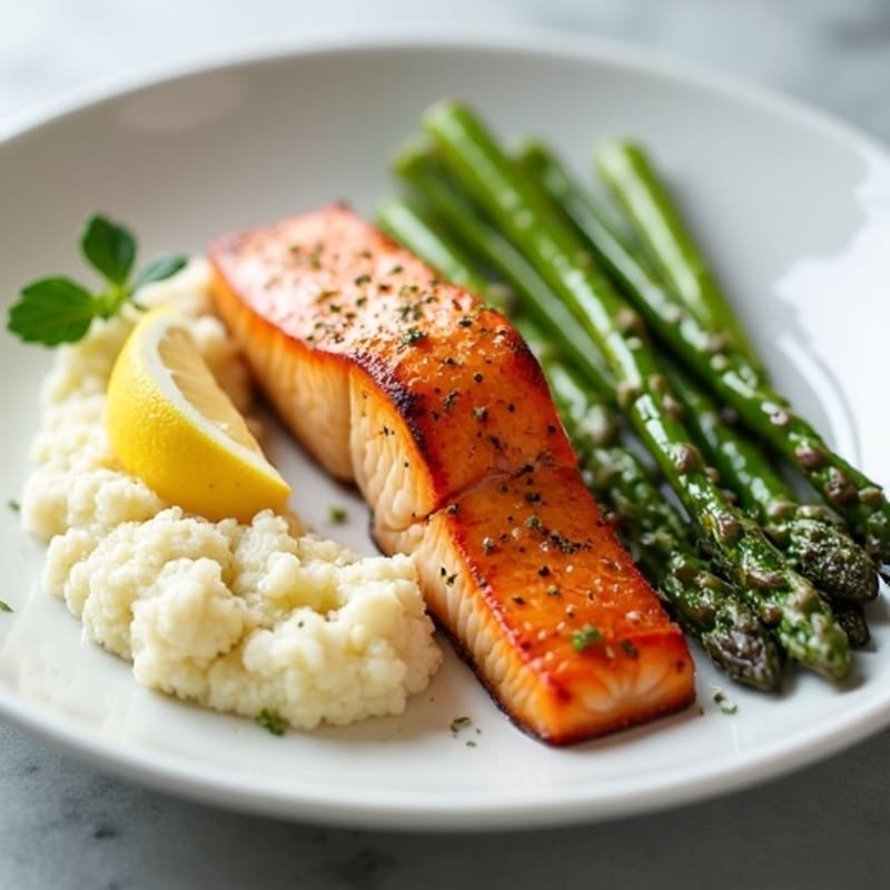 Seared Salmon with Steamed Asparagus and Cauliflower Mash