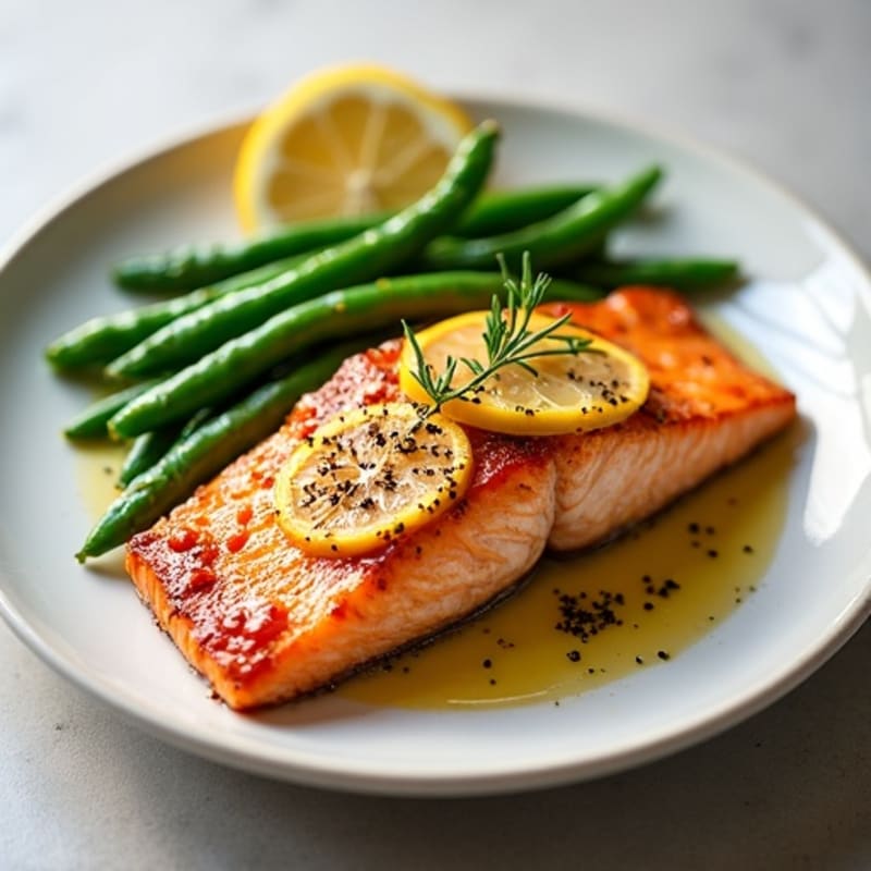 Crispy Pan-Seared Salmon with Lemon-Garlic Roasted Green Beans
