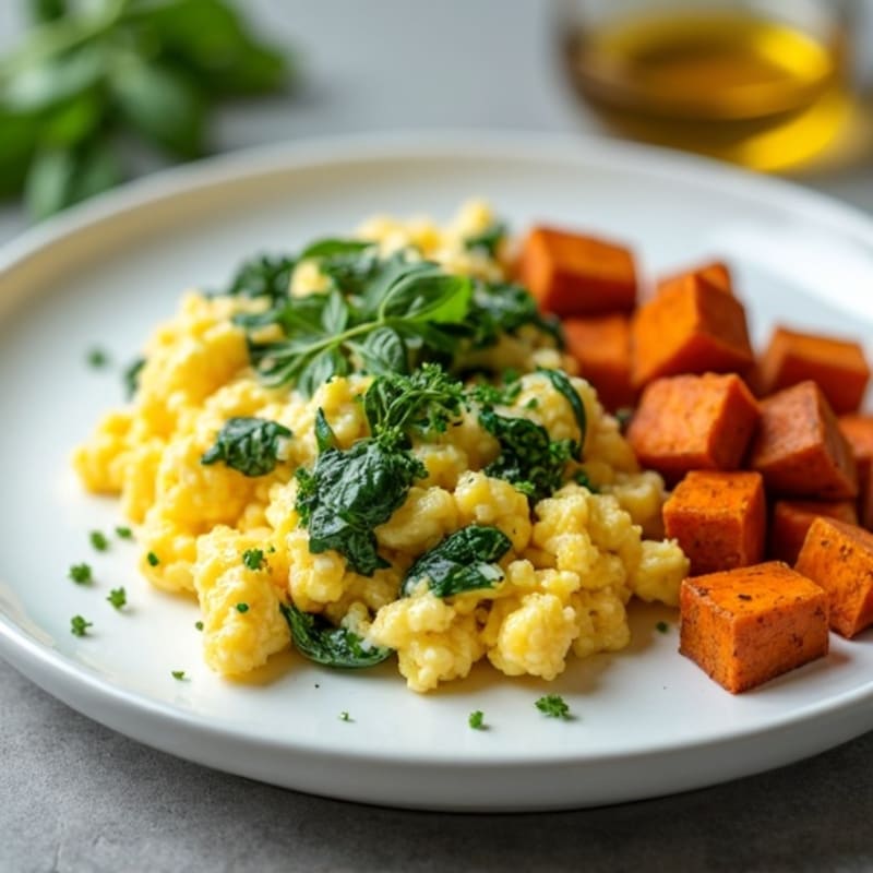 Fluffy Scrambled Eggs with Fresh Spinach and Roasted Sweet Potatoes