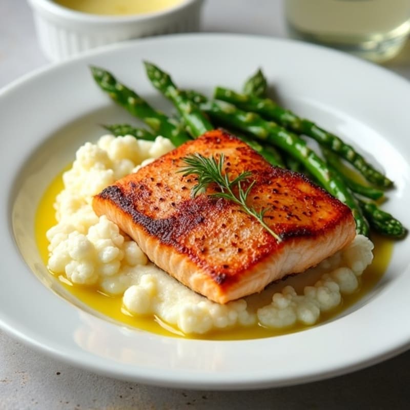 Seared Salmon Fillet with Steamed Asparagus and Cauliflower Mash