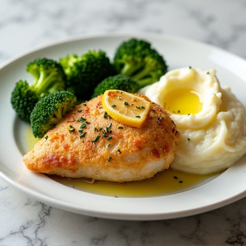 Crispy Lemon-Herb Chicken with Creamy Garlic Mashed Potatoes and Roasted Broccoli