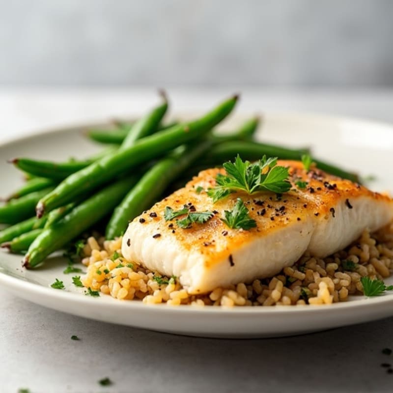 Baked Cod with Steamed Green Beans and Herbed Brown Rice