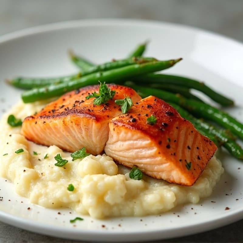 Seared Salmon with Garlic Green Beans and Cauliflower Mash