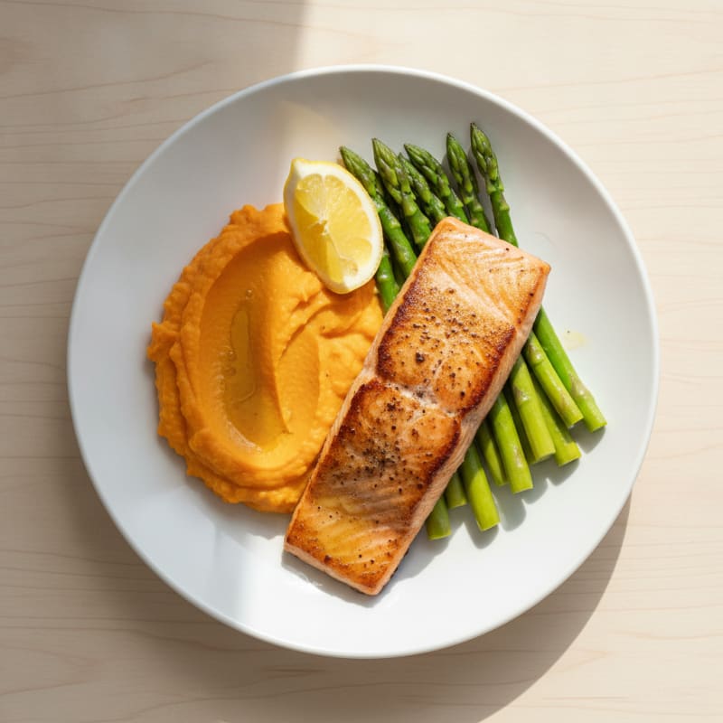 Pan-Seared Salmon with Steamed Asparagus and Sweet Potato Mash