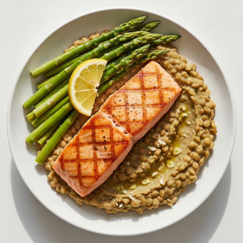 Seared Salmon with Steamed Asparagus and Lentil Mash