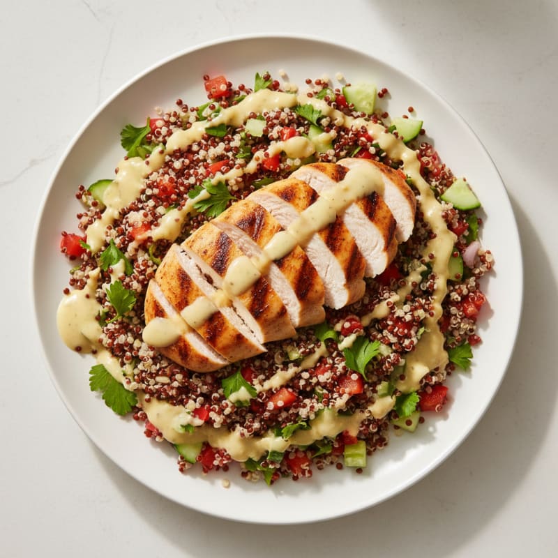 Grilled Chicken Breast with Crunchy Quinoa Salad and Lemon-Tahini Dressing