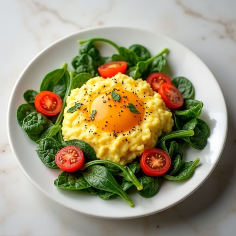 Quick Fluffy Scrambled Eggs with Fresh Spinach and Cherry Tomatoes