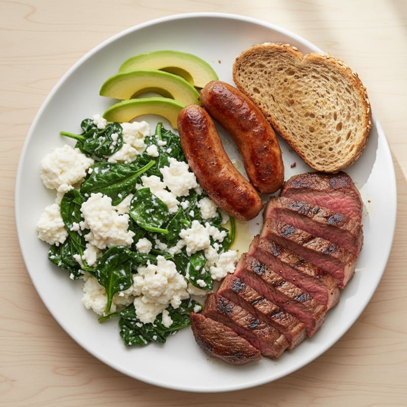 Egg White and Cottage Cheese Scramble with Sautéed Spinach and Turkey Sausage