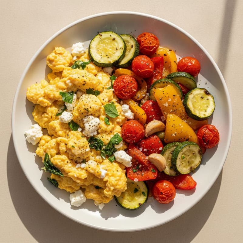 Mediterranean Scrambled Eggs with Roasted Vegetables