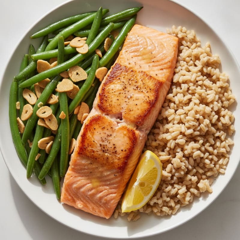 Seared Salmon with Garlic Green Beans and Brown Rice