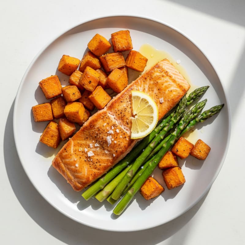Seared Salmon with Roasted Sweet Potatoes and Asparagus