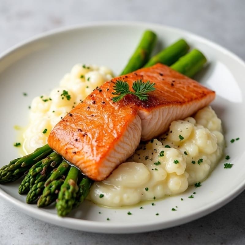 Seared Salmon Fillet with Steamed Asparagus and Garlic Mashed Cauliflower