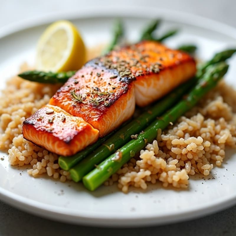 Seared Salmon Fillet with Steamed Asparagus and Brown Rice