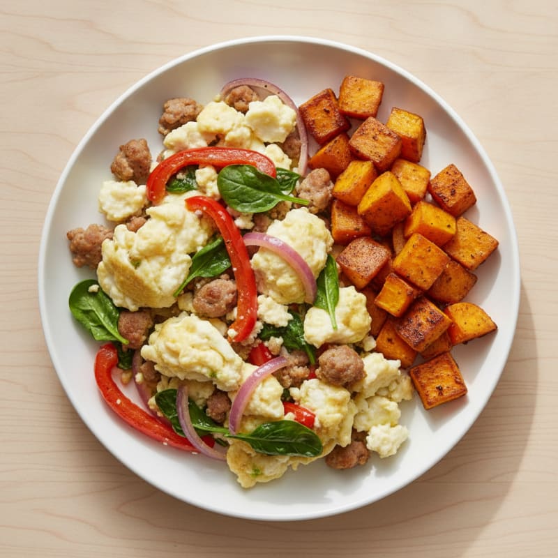 Egg White and Turkey Sausage Scramble with Roasted Sweet Potatoes