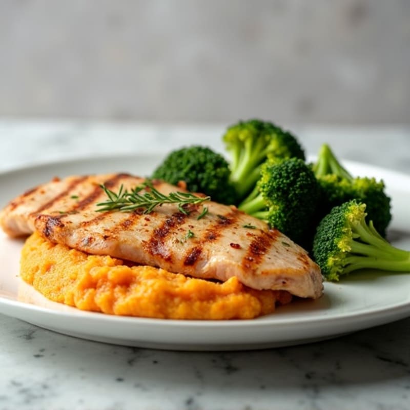 Seared Turkey Breast with Steamed Broccoli and Sweet Potato Mash
