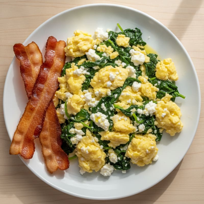 Cottage Cheese Egg Scramble with Sautéed Spinach and Turkey Bacon