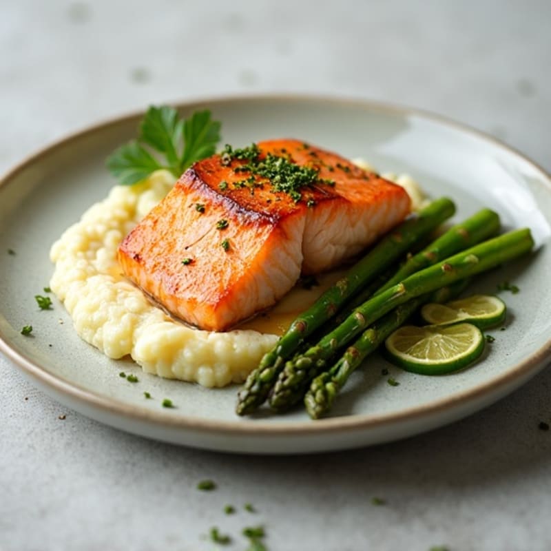 Seared Salmon Fillet with Roasted Asparagus and Cauliflower Mash