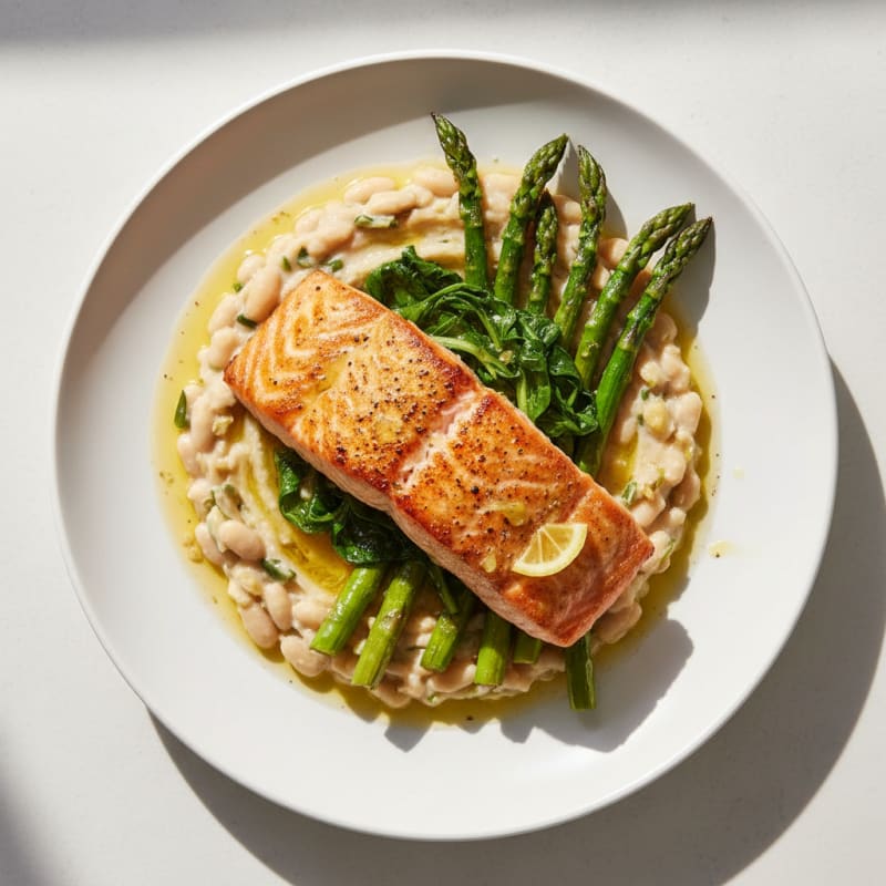 Seared Salmon with Creamy White Bean Mash and Roasted Asparagus