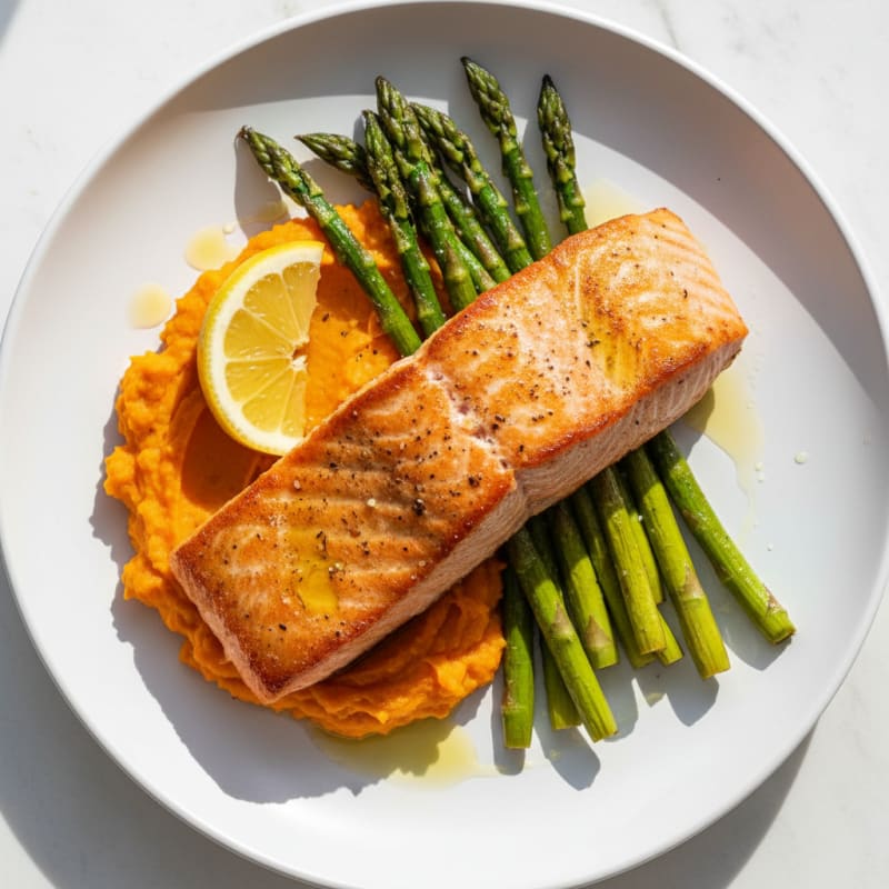 Seared Salmon with Roasted Asparagus and Sweet Potato Mash