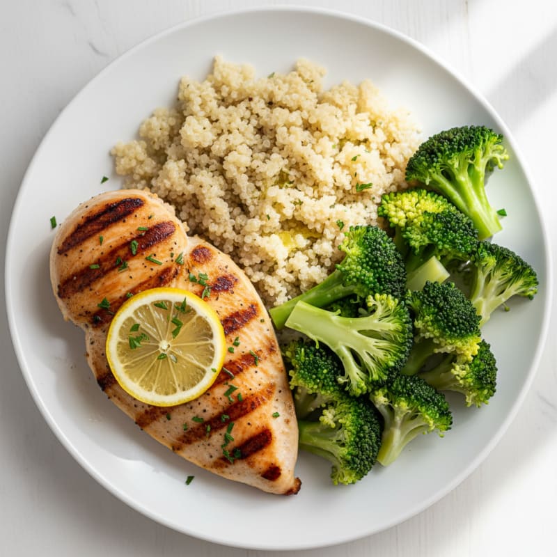 Grilled Chicken Breast with Steamed Broccoli and Quinoa