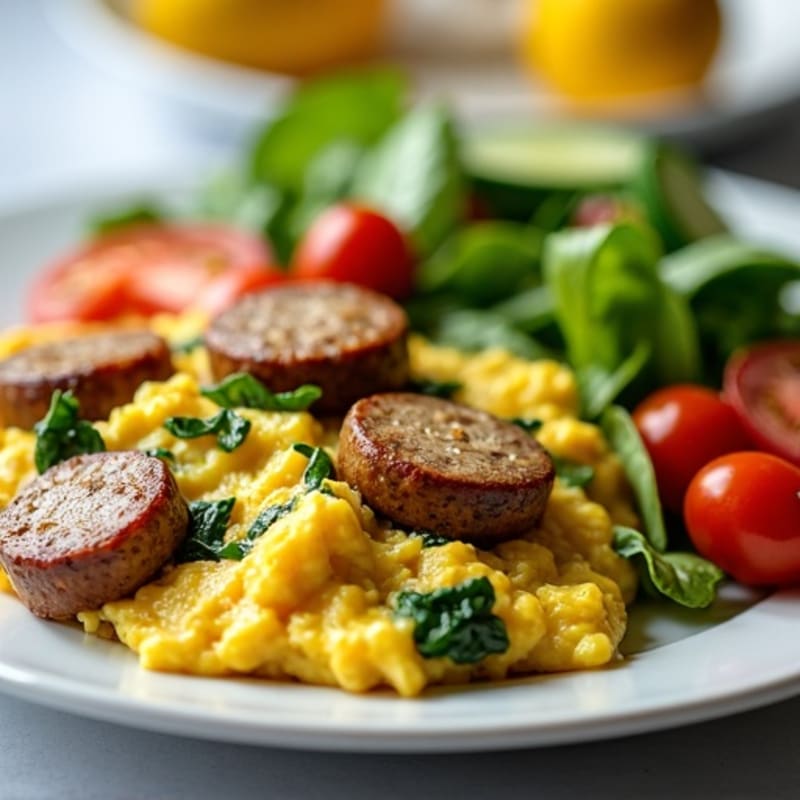 Egg White and Chicken Sausage Scramble with Spinach & Fresh Salad
