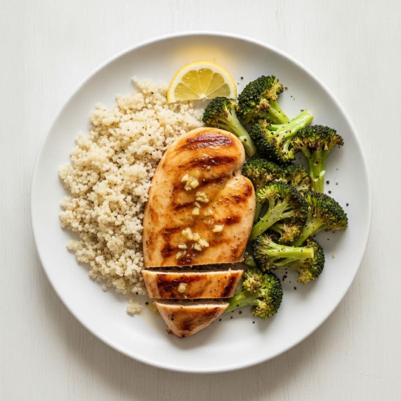 Grilled Lemon-Garlic Chicken Breast with Quinoa and Roasted Broccoli
