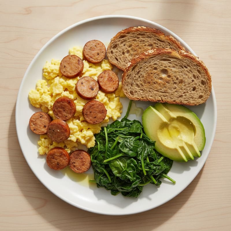 Scrambled Eggs with Chicken Sausage and Sautéed Spinach