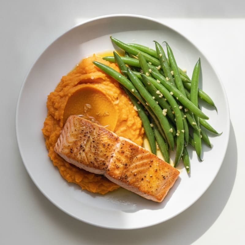 Seared Salmon with Steamed Green Beans and Sweet Potato Mash