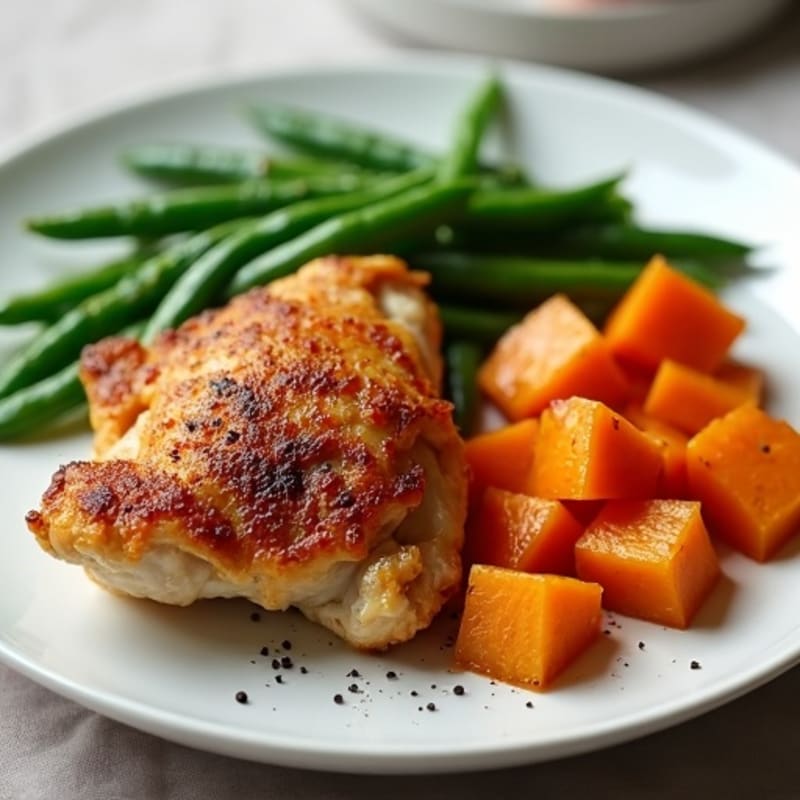 Crispy Baked Chicken Thighs with Roasted Sweet Potatoes and Green Beans