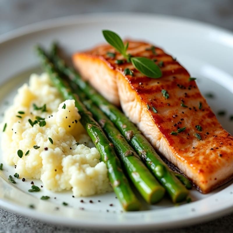 Seared Salmon with Steamed Asparagus and Garlic Cauliflower Mash
