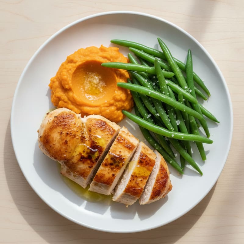 Seared Chicken Breast with Steamed Green Beans and Sweet Potato Mash