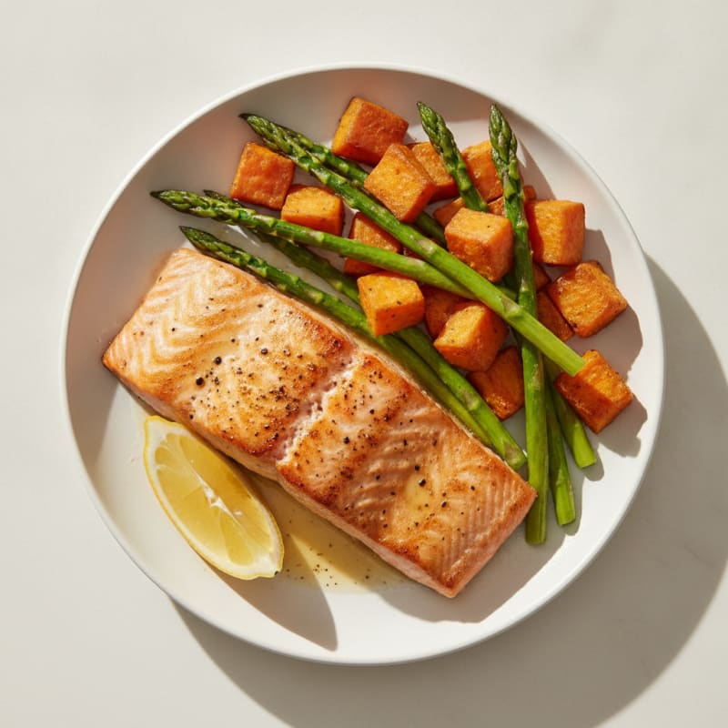 Seared Salmon with Roasted Sweet Potato and Asparagus