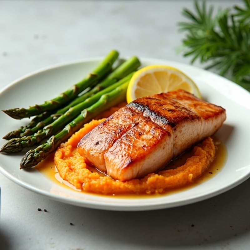 Seared Salmon with Steamed Asparagus and Sweet Potato Mash