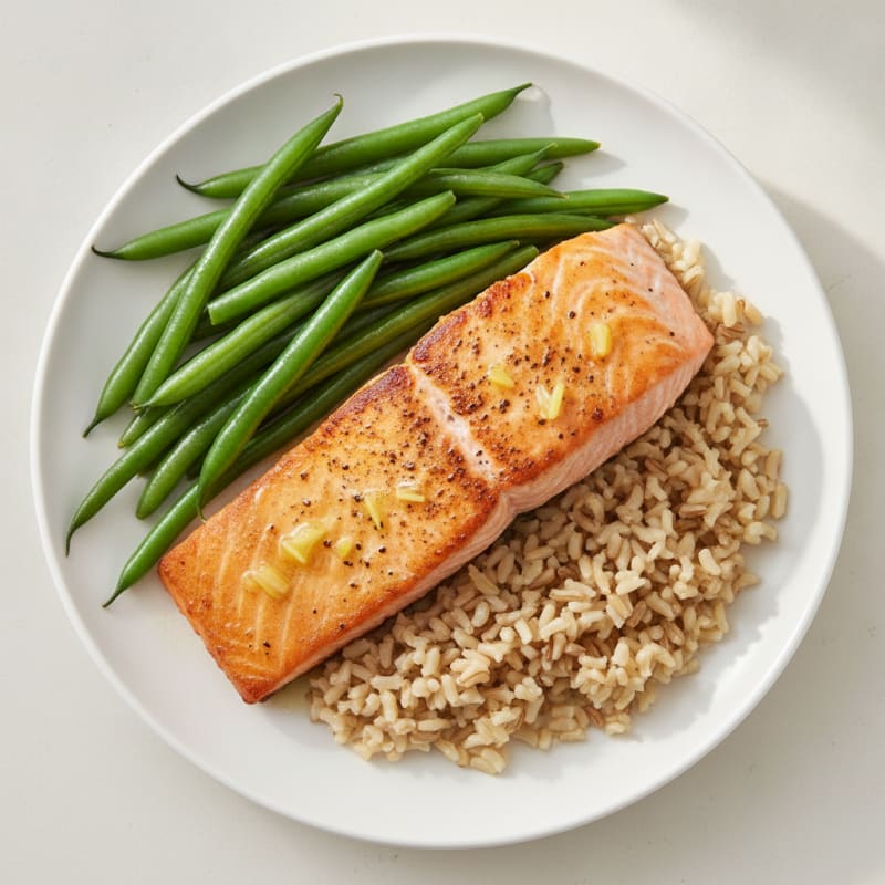 Seared Salmon with Steamed Green Beans and Brown Rice