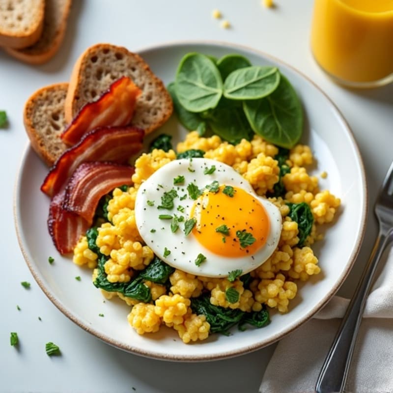 Egg White and Cottage Cheese Scramble with Spinach and Turkey Bacon