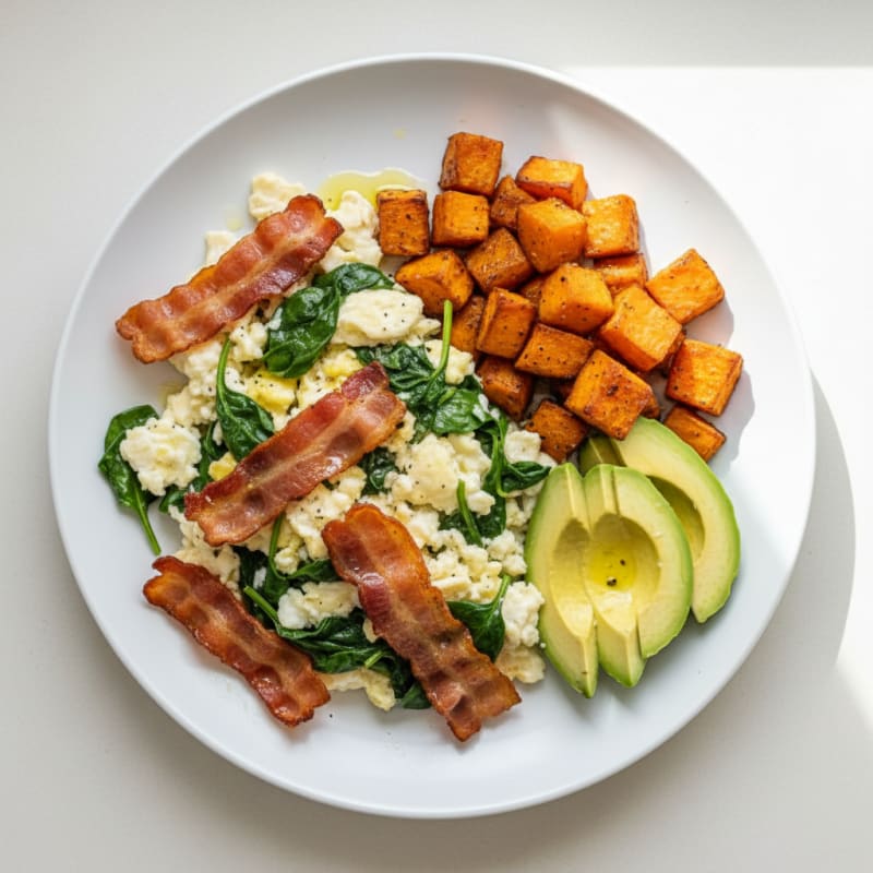 Crispy Turkey Bacon and Egg White Scramble with Sautéed Spinach