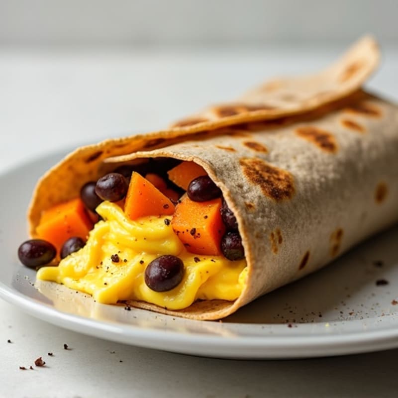 Scrambled Eggs with Black Beans and Roasted Sweet Potato Whole Wheat Burrito