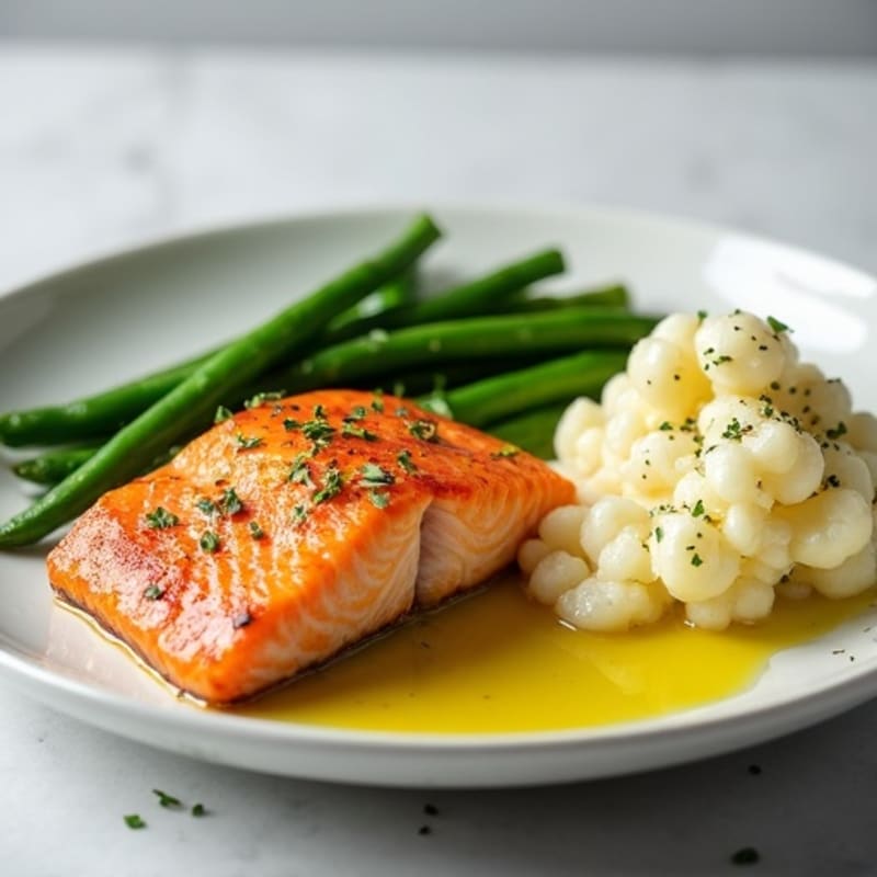 Seared Salmon Fillet with Steamed Green Beans and Garlic Mashed Cauliflower