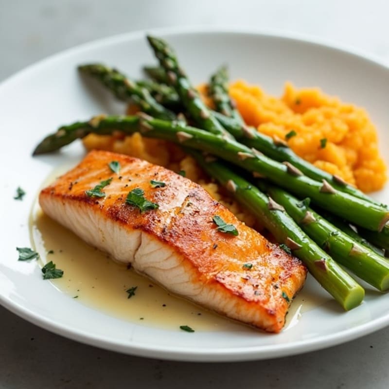 Seared Salmon with Asparagus and Mashed Sweet Potato