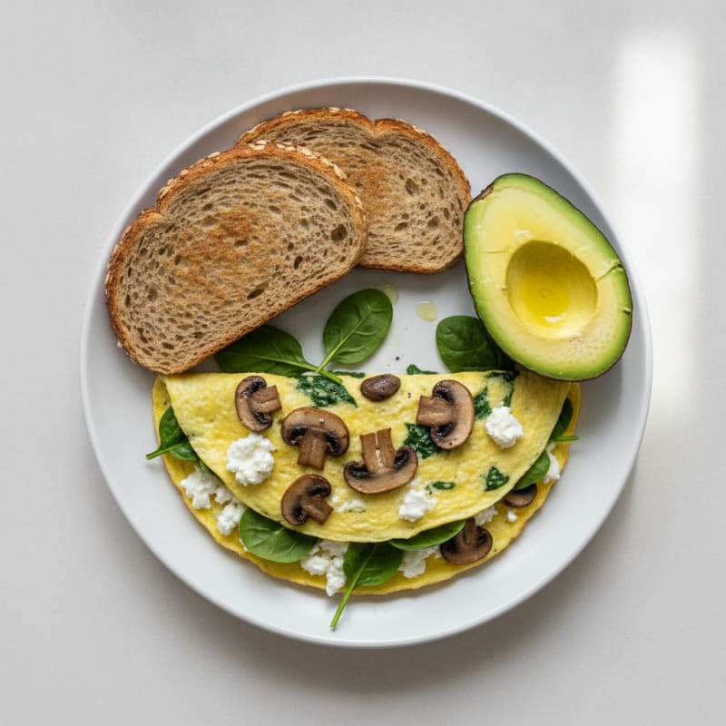 Egg White Spinach Omelette with Cottage Cheese and Sautéed Mushrooms