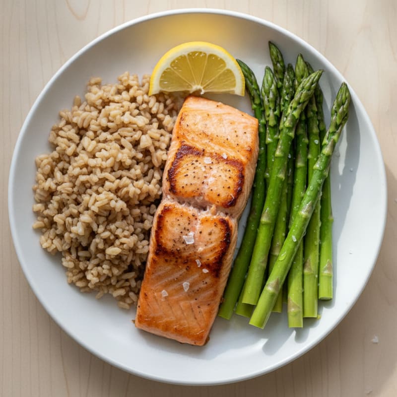 Seared Salmon Fillet with Steamed Asparagus and Brown Rice