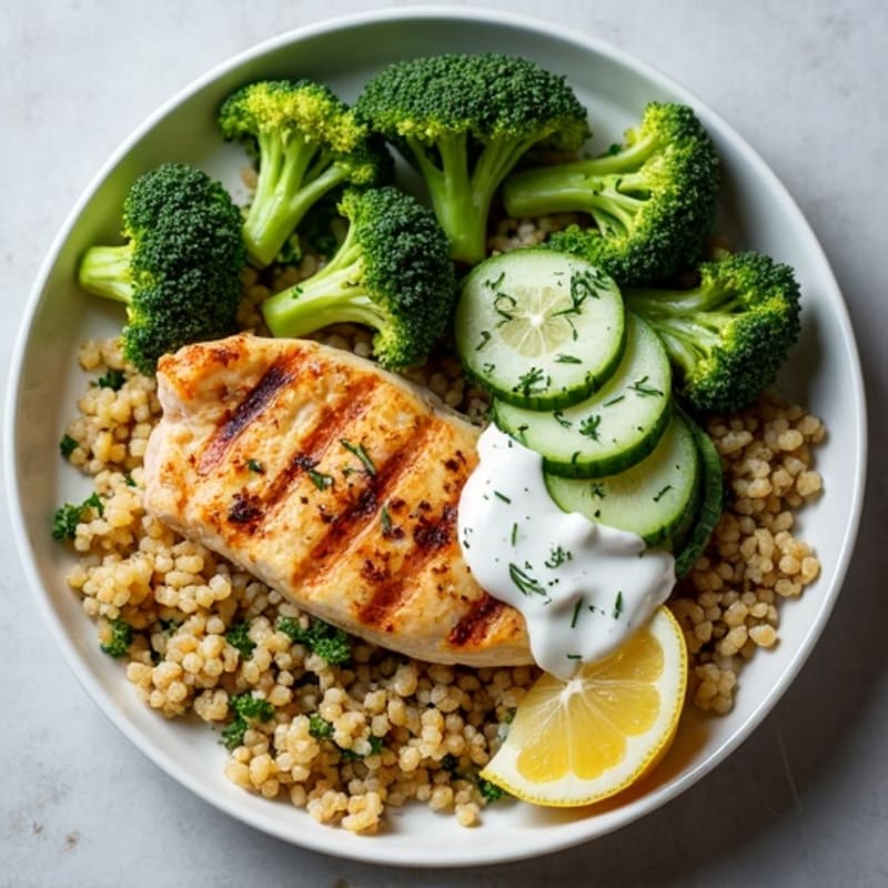 Grilled Chicken Breast with Quinoa, Roasted Broccoli, and Greek Yogurt Tzatziki