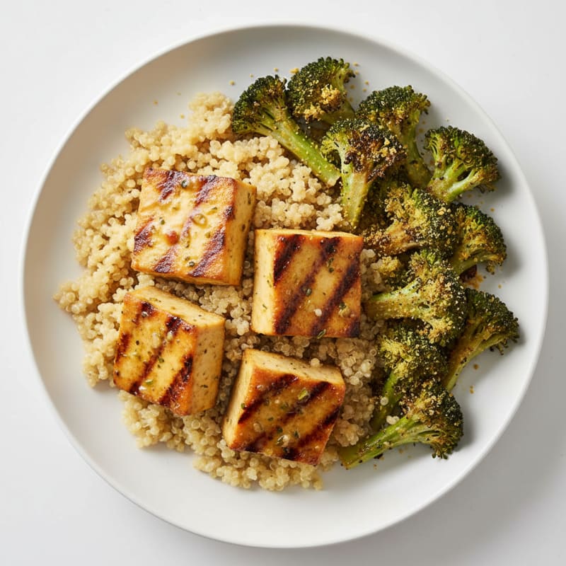 Grilled Lemon Herb Tofu with Quinoa and Roasted Broccoli