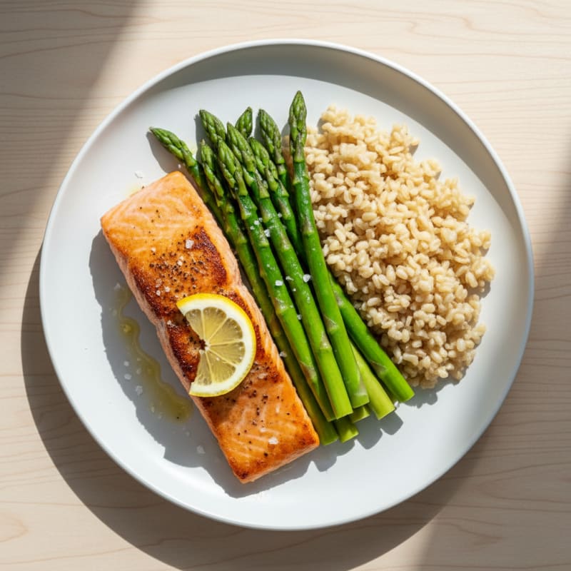 Seared Salmon Fillet with Steamed Asparagus and Brown Rice