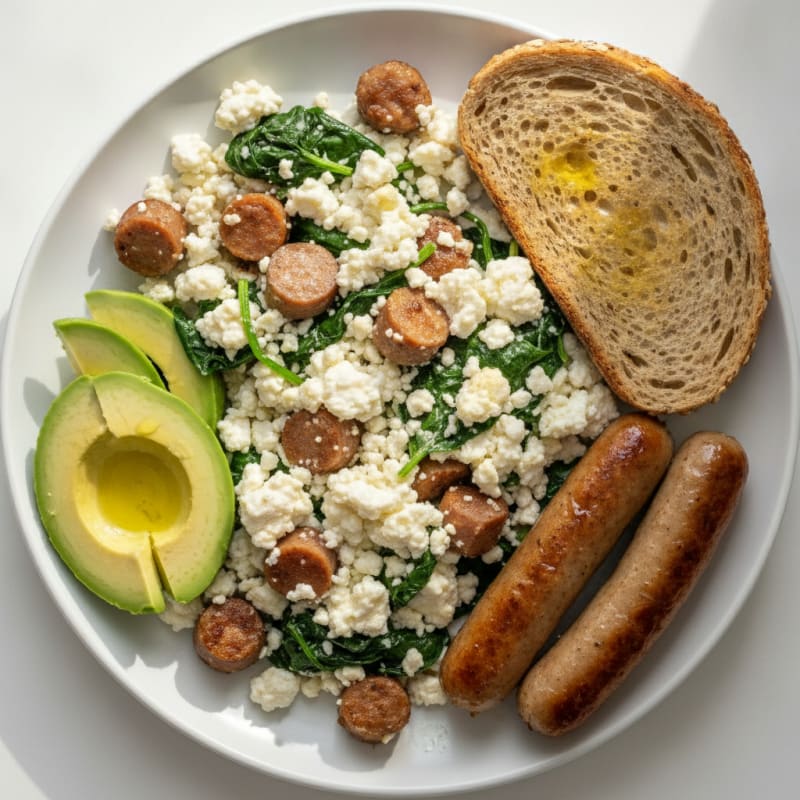 Cottage Cheese and Egg White Scramble with Turkey Sausage and Sautéed Spinach