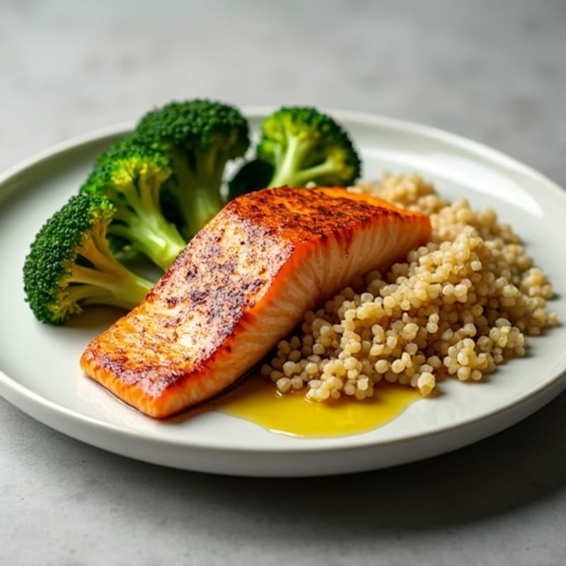 Seared Salmon with Steamed Broccoli and Quinoa