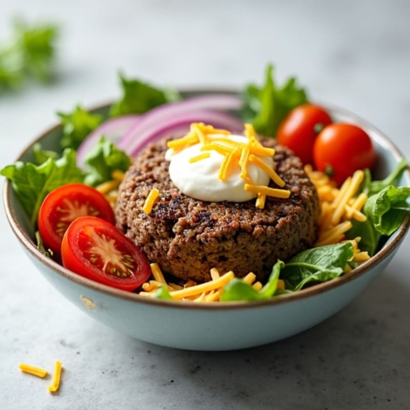 Lean Ground Beef Cheeseburger Bowl with Fresh Greens and Creamy Tangy Dressing