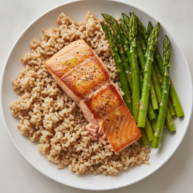 Seared Salmon with Steamed Asparagus and Brown Rice